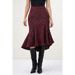 NWT Rachel Parcell Metallic Floral Jacquard Fit & Flare Skirt Deep Red Size 8
